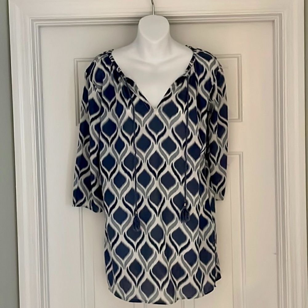 Tara Michelle Ikat Pattern Navy Tunic Top Size Small